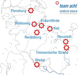 Schematische Karte von Schleswig-Holstein mit eingezeichneten Stützpunkten des Vereins, Stand Oktober 2023.